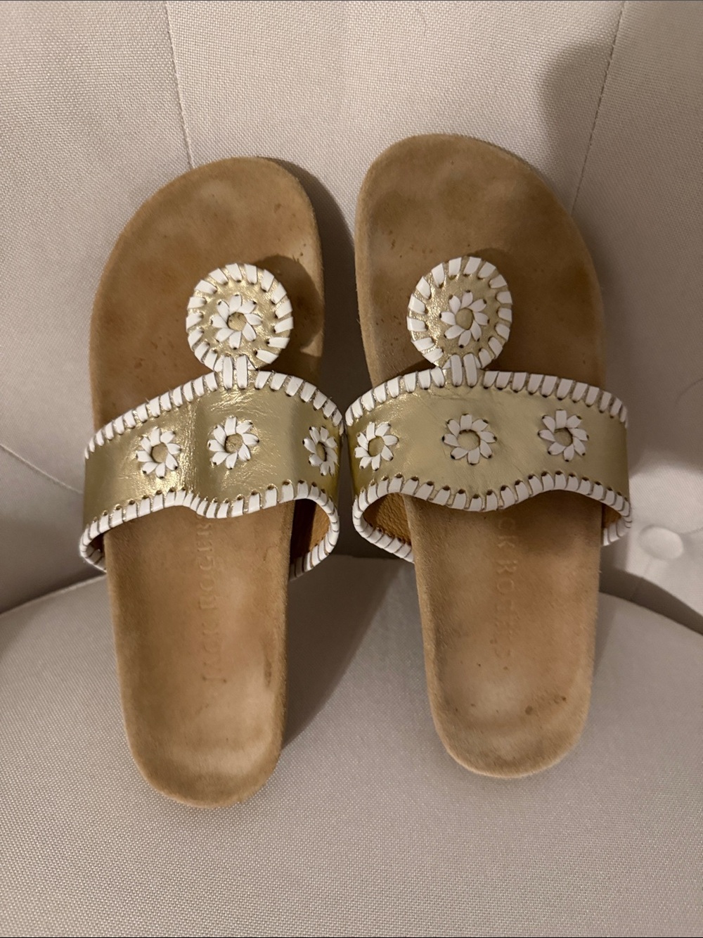 Jack Rogers Gold and White Daisy Leather Slide Sandals for Women